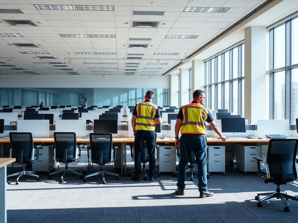 Crew clearing old desks and chairs from a Toronto office