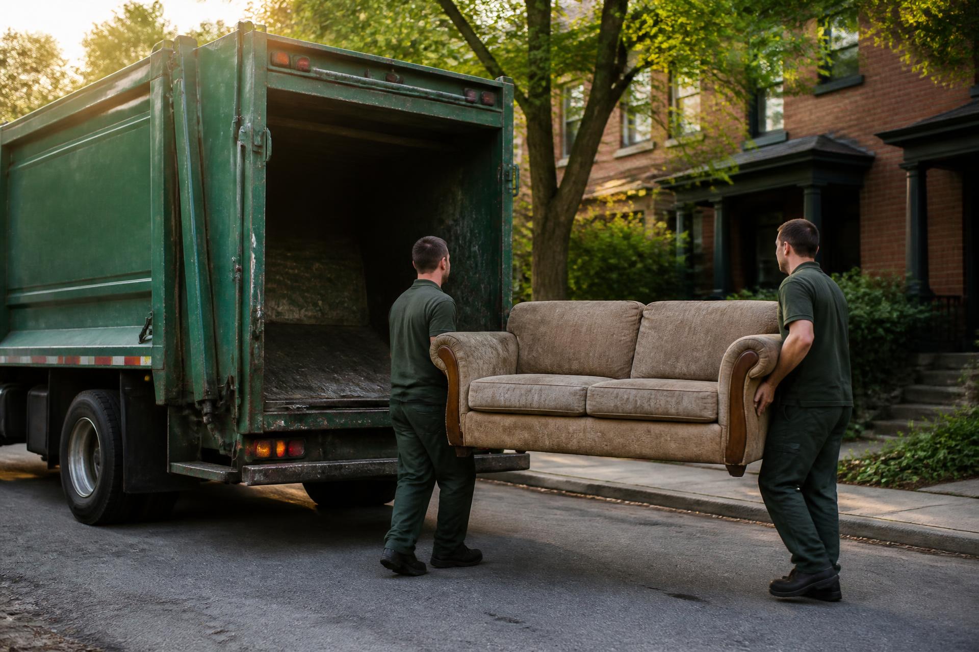Junk removal crew loading old furniture into a truck on a Toronto street